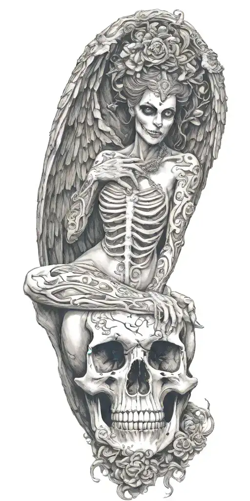 Morrigan Irish Goddess Nude Seated Skull Throne Abs Nipples Muscles Feet On Skull