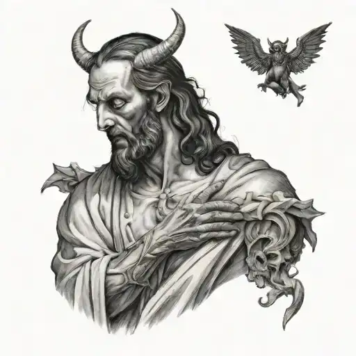 A Black And White Realistic Tattoo Of The Devil Pleading Forgiveness To Jesus