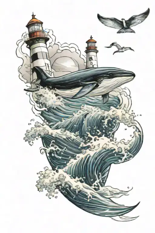 Lighthouse Whale Wave Tattoo Design