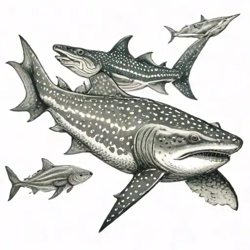 Zebra Shark Swiming With A Whale Shark And Nurse Shark