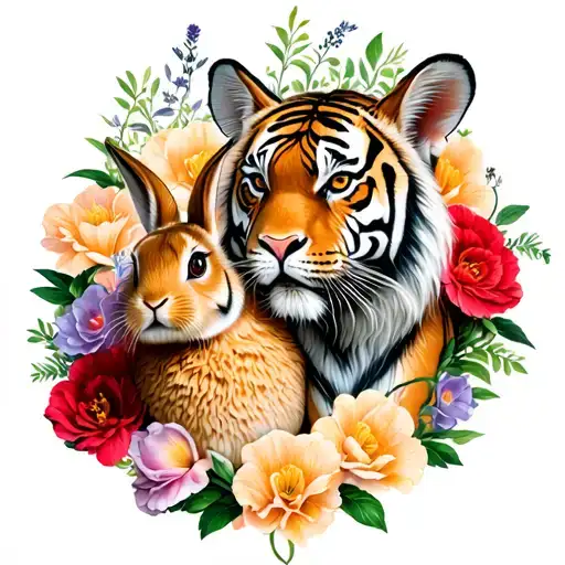 Rabbit And Tiger Surrounded By The Flower Of Lisianthus And Red Lion