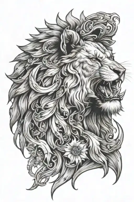 A Lion With A Wolf On His Mouth Wide Open And The Sun Rise Behind Him