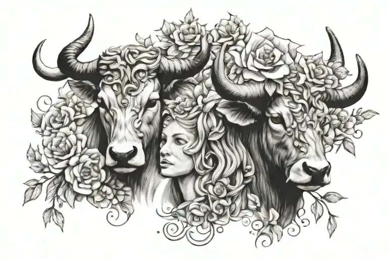 A Realistic Portrait Of A Mother And Son As Taurus Symbols Intertwined With Floral Elements