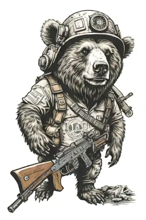 A Bear With A War Helmet And Standing With A Ak 47