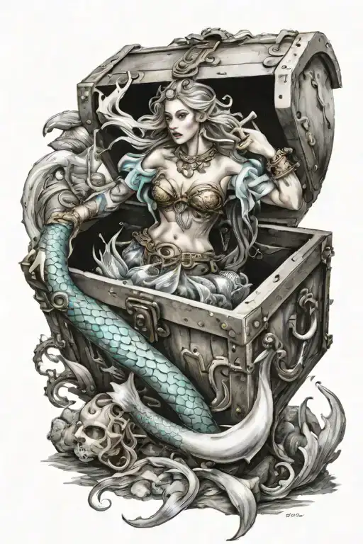 A Treasure Chest Guarded By A Fierce Mermaid Warrior