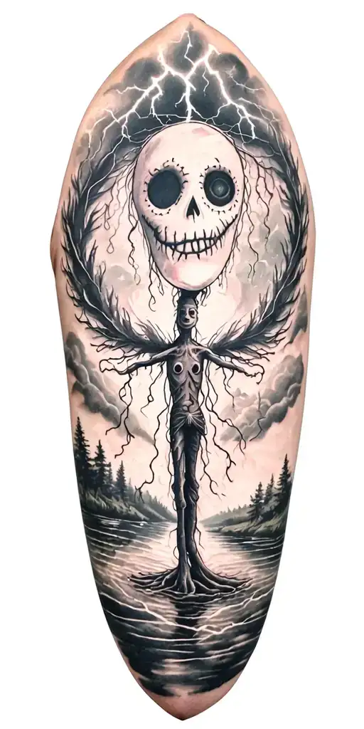 Fabric Voodoo Doll And Lightining Storm And Vegvisir And Nature