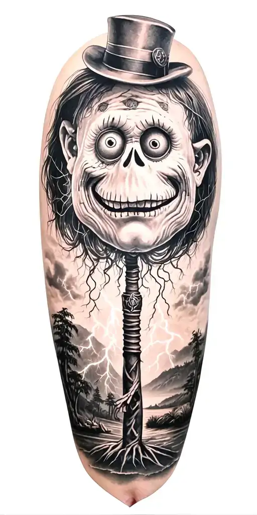 Cute Whole Body Voodoo Puppet With Cylinder Hat And Lightining Storm And Vegvisir And Nature