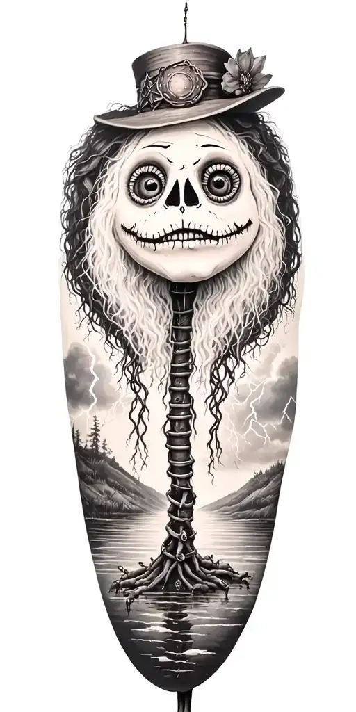 Cute Stiched Whole Body Voodoo Puppet With Cylinder Hat And Lightining Storm And Vegvisir And Nature