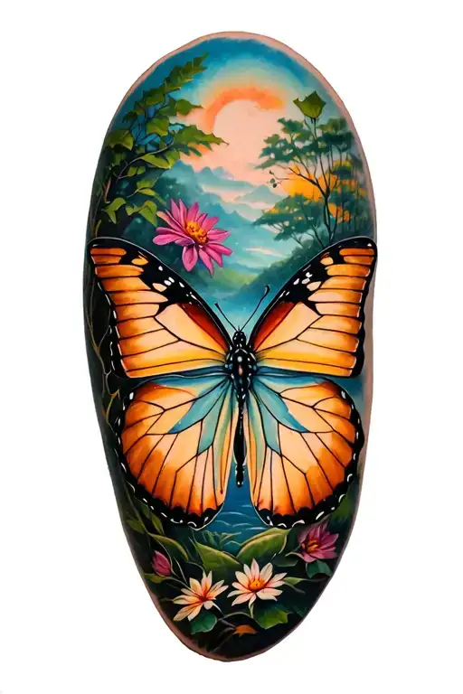 Butterfly And Nature Elements Like Trees