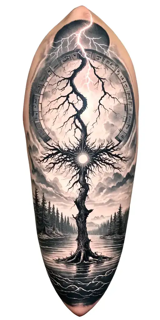 Vegvisir And Rume And Norway Nature And Ygdrasil And Whole Sleeve And Lightning Storm