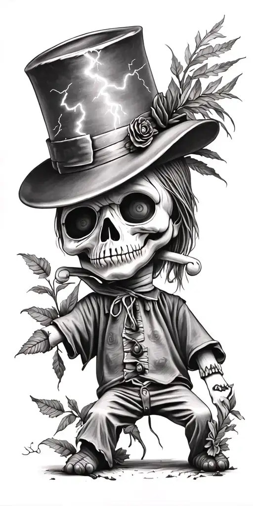 Voodoo Doll With Cylinder Hat And Nature And Lightning Storm