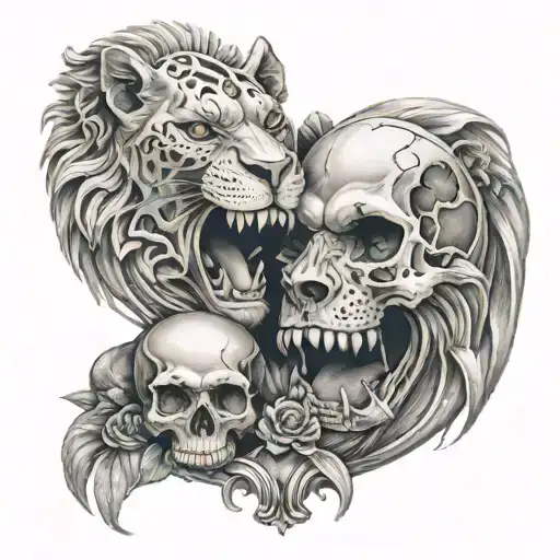 2 Skulls Kissing Each Other In A Miror Sitting In A Lion