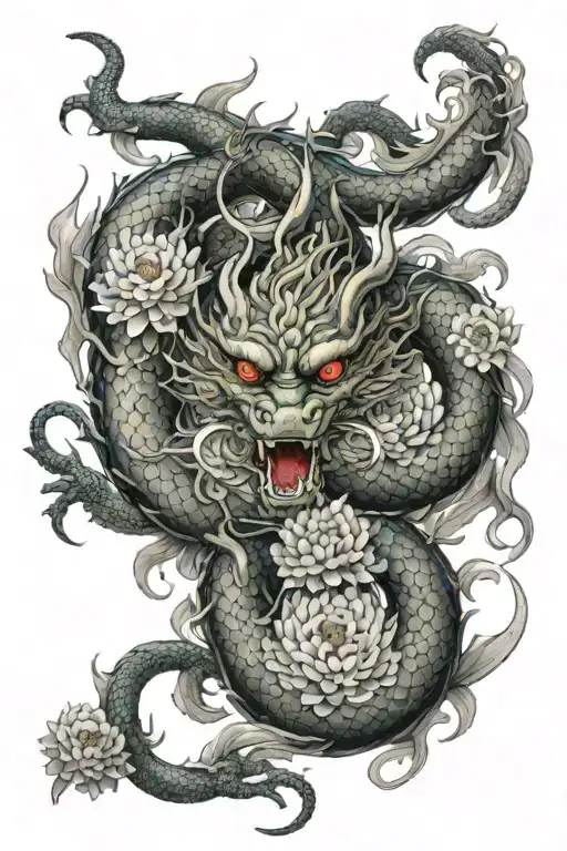 Japan Dragon With Chrysanthemums On Each Side Of The Back