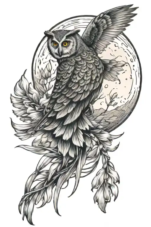 Moon Over Water And A Owl Flying Towards With Gladiolus Flowers