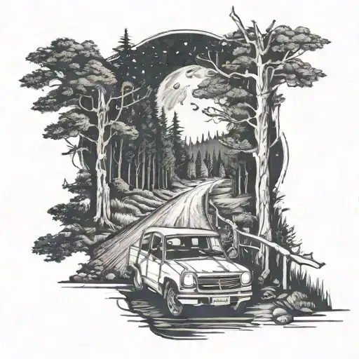 A Lone Car On A Night Road In The Middle Of The Forest All Over The Surface Of The Forearm