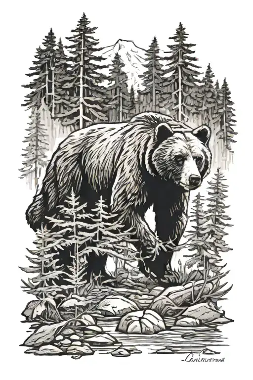 Pacific North West Forest Scene With Bear