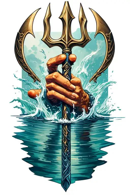 Masculine Hand Holding Poseidon Trident Surrounded In Water