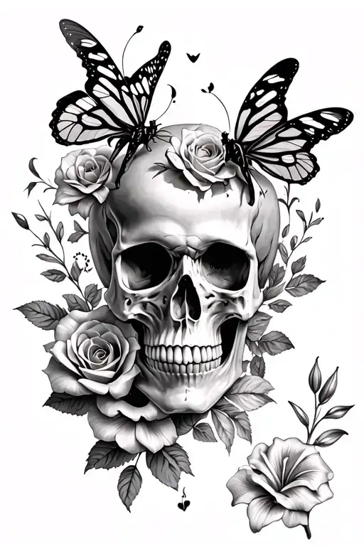 Skull With Moths And Roses And Lilly Flower Surrounded
