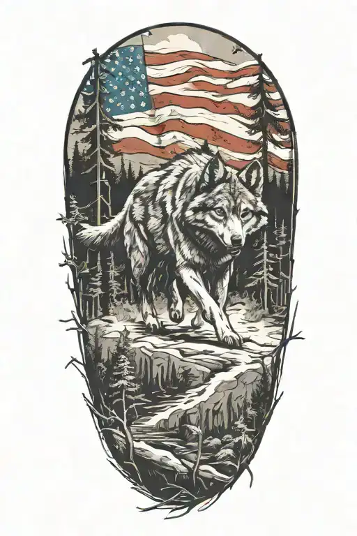 A Sketch Of A Wolf Running Through A Forest With An American Flag Draped Over Its Back