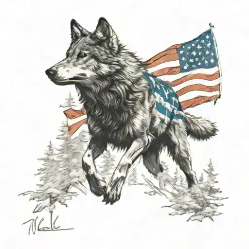A Sketch Of A Wolf Running Through A Forest With An American Flag Draped Over Its Back