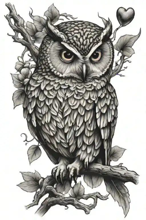 Realistic Owl With Heart Intertwined