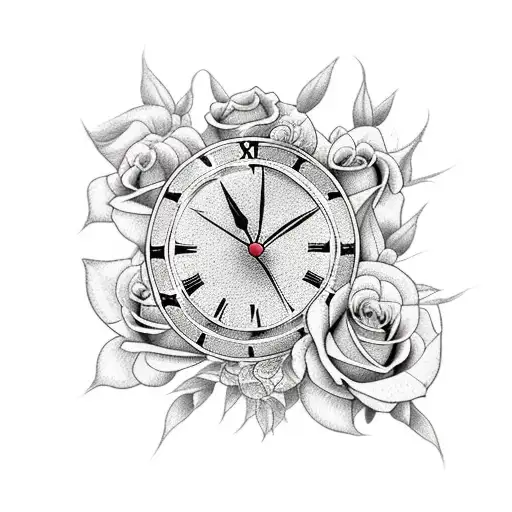 A Clock Surround By Roses And Hibiscus Flowers And Butterflies