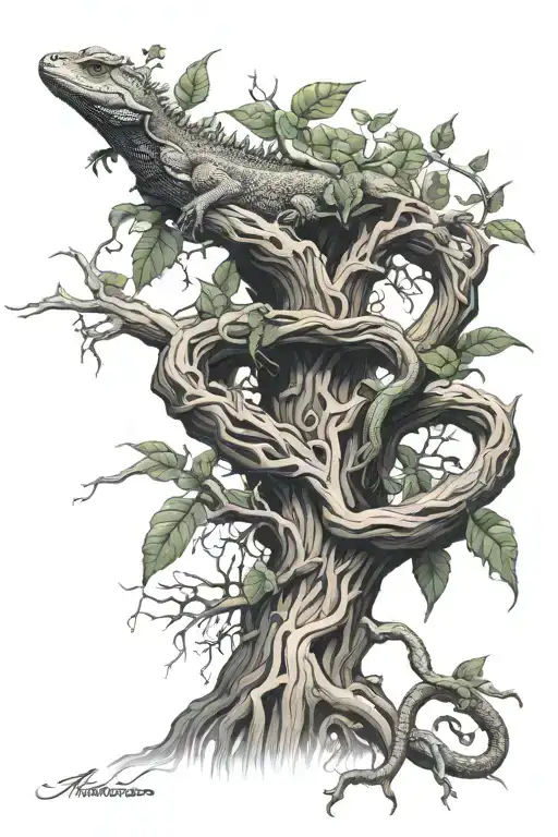 Tattoo Around The Forearm In The Form Of Intertwined Tree Roots And Two Lizards Hiding In The Roots