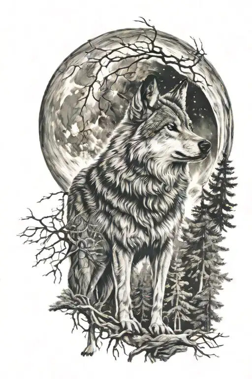 Wolf Howling At The Moon Surrounded By Forrest