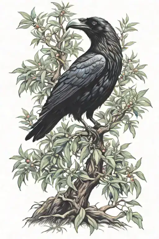 Raven Standing At A Olive Tree