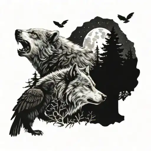 Wolf Bear And Raven In The Woods At Night