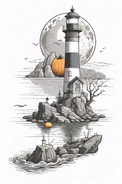 A Lighthouse On A Rocky Coast With A Pumkin In A Garden And A Giant Squid In The Ocean