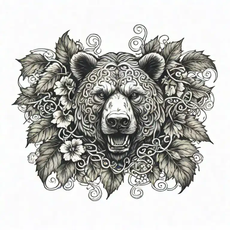 Grape Vine Wrapping With Knot Work And Bear Head Snarling Teeth