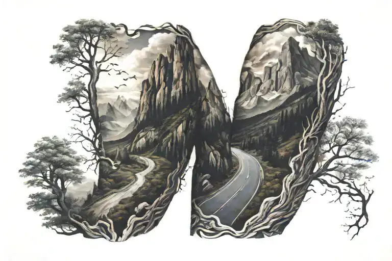 Full Sleeve Tattoo Combining Roads Nature Mountains