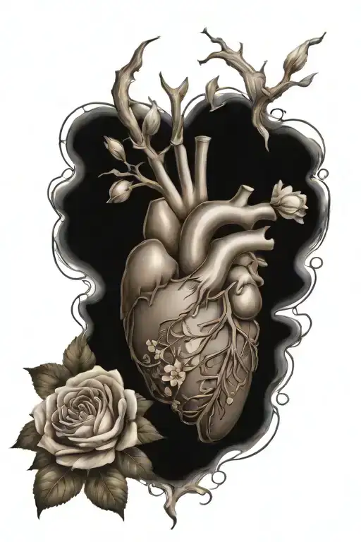 Anatomical Heart Surrounded By Big Flowers