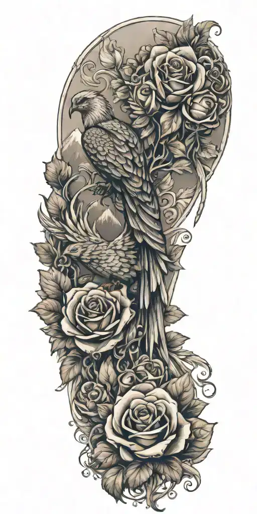 Roses And A Phoenix With A Cascade And Mountains