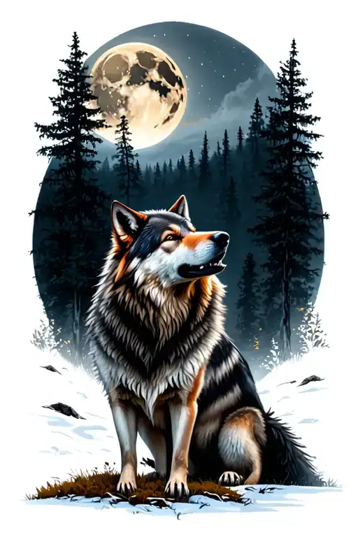 A Wolf Howls At The Moon In The Forest Scene