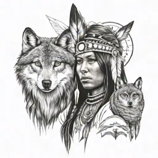 American Indian Girl With Wolves And Owl