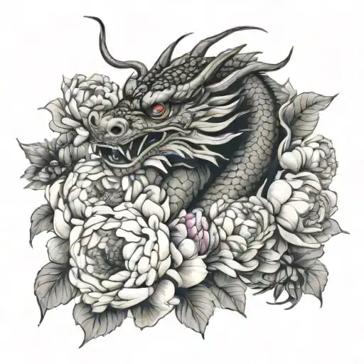 Chinese Dragon And Peonies Tattoo Featuring