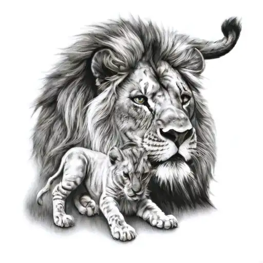 A Realistic Portrait Of A Male Lion Holding A Newborn Baby Girl In Its Paw