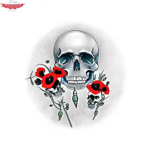 Blackout Sleeve With A Few Red Poppy Flowers And Skulls That Look Like They Are In The Background