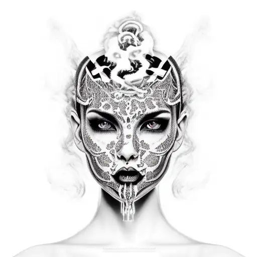 Gothic Woman Face With Jaguar Patterns On Skin Blowing Smoke