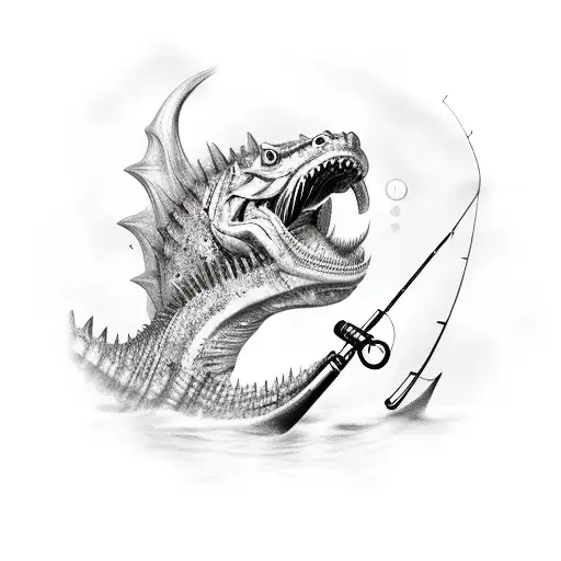 A Fierce Warrior Battling A Giant Digital Sea Monster With A Fishing Rod