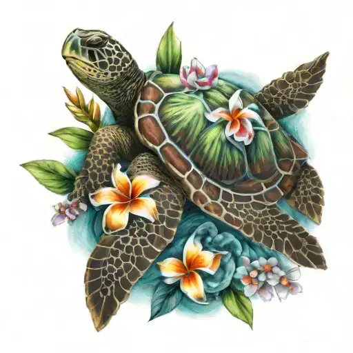 Tropical Flowers Around Sea Turtle