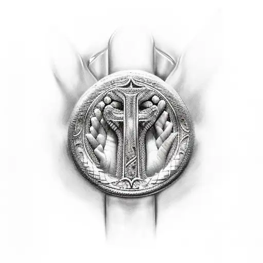 A Realistic Depiction Of Mjolnir Surrounded By A Rosary In The Shape Of Praying Hands