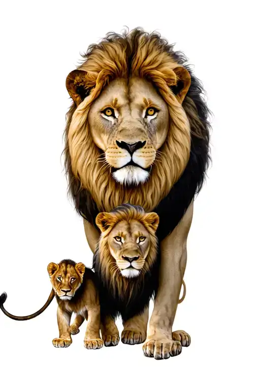 Two Adult Lion And One Small Lion Surrounded