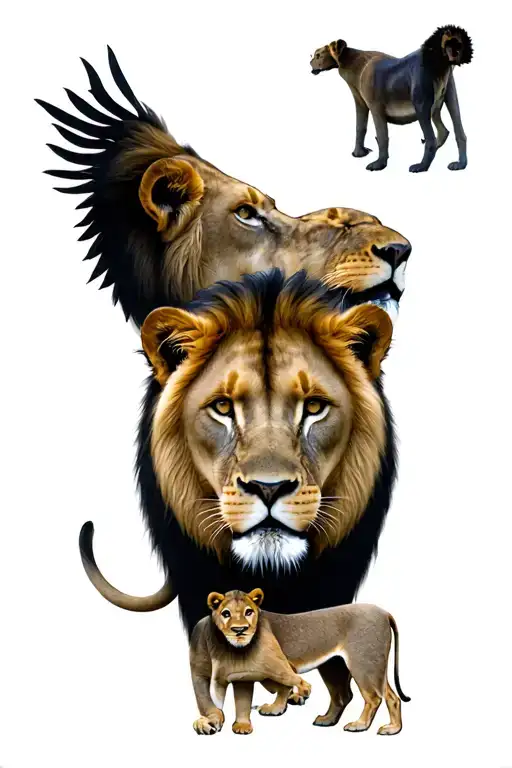 Two Adult Lion Behind And One Small Lion In The Front