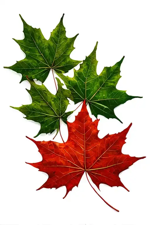 Multiple Green Maple Leafs Enveloping A Single Red Maple Leaf