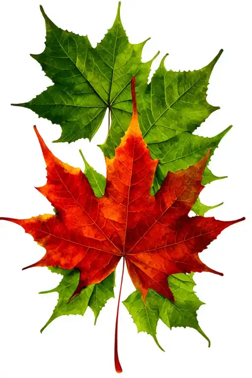 12 Green Maple Leafs Surrounding 1 Red Maple Leaf