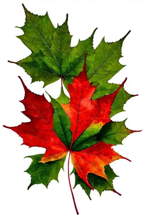 12 Green Maple Leafs Surrounding 1 Red Maple Leaf