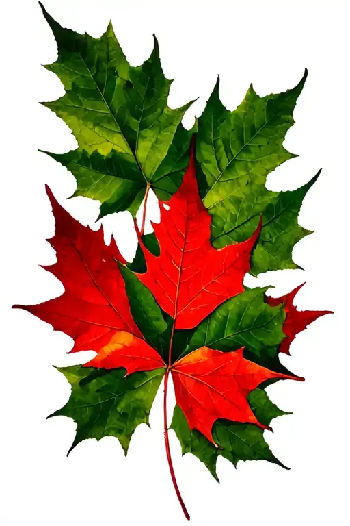 12 Green Maple Leafs Surrounding 1 Red Maple Leaf